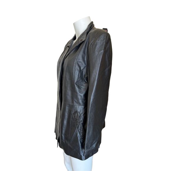 Anthony’s women’s black leather jacket M motorcycle biker 90s trench coat button - Picture 2 of 5